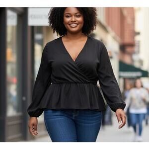 Eloquii Elements Black Faux Wrap Long Ruched Sleeves  SZ 26 Office Chic Boho